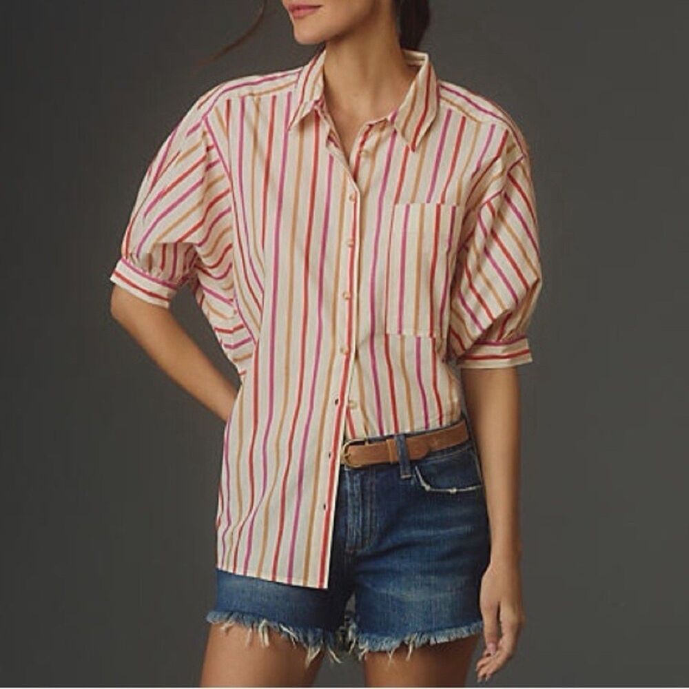 Pilcro Anthropologie Painter Striped Button Down Shirt Puff Sleeve Cotton XS